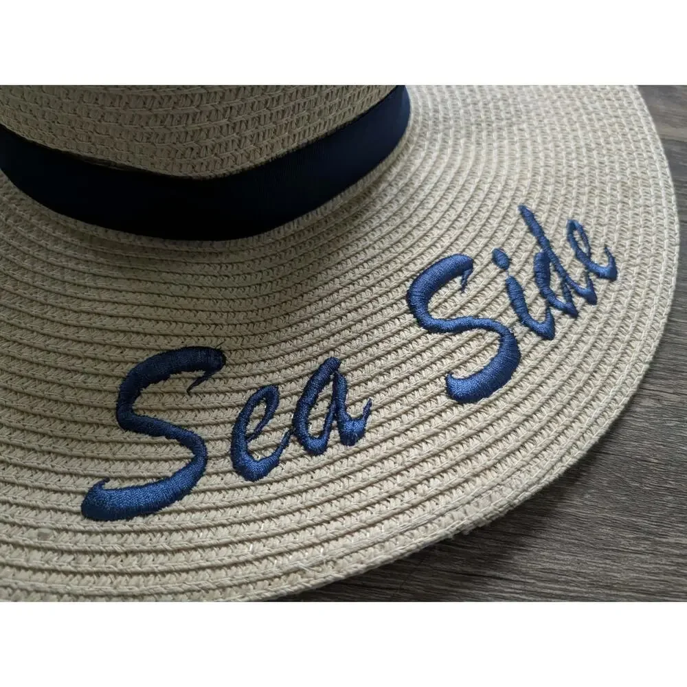 NEW! Sea Side Destin FL Floppy Sun Hat Natural One Size Embroidered UPF 50